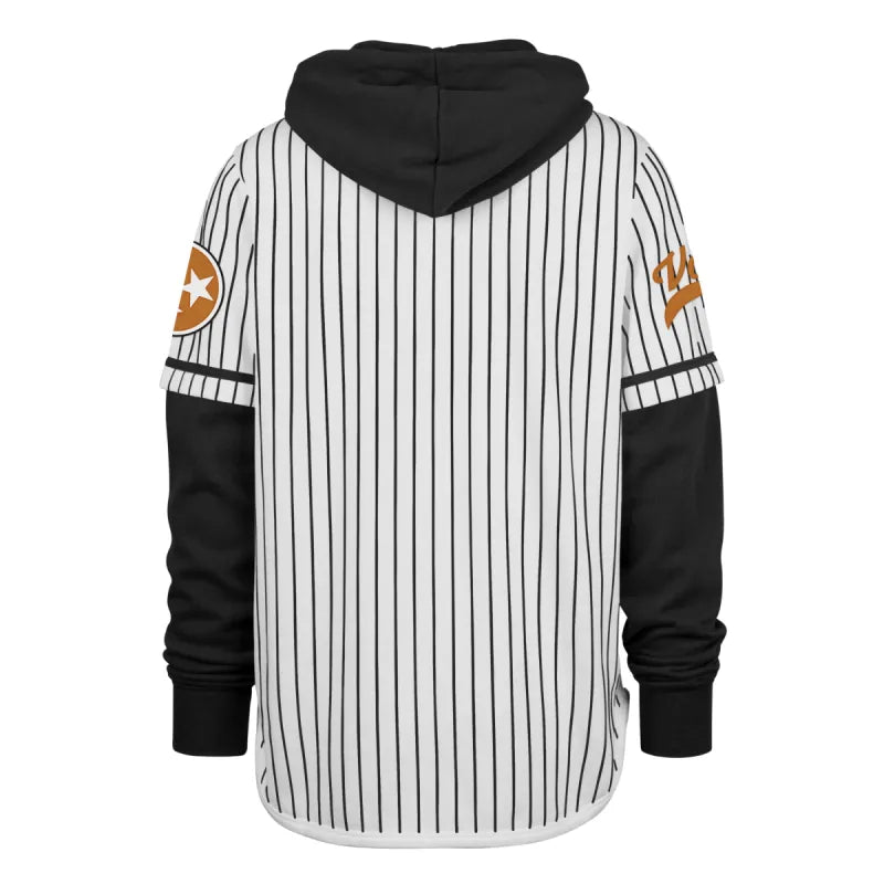 Baseball-style hoodie with black and white pinstripes on a white background