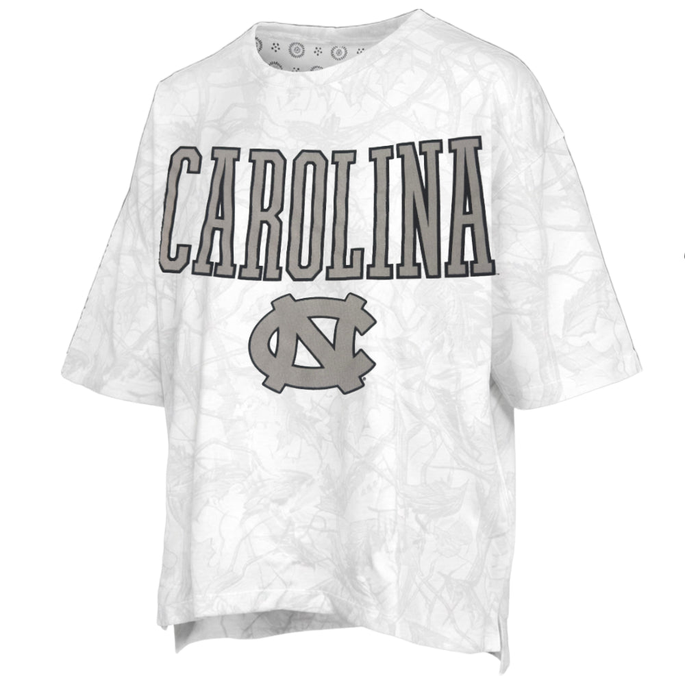 North Carolina Tar Heels "Southlawn Logo Sheet" - Short-Sleeve Crew-Neck White Camo Waist-Length Top