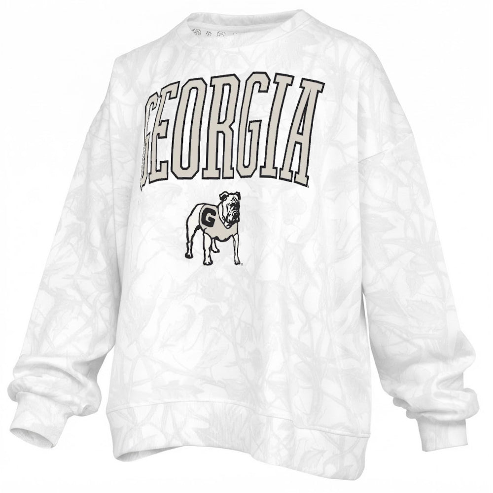 Georgia Bulldogs - "Southlawn Logo Canopy" - Long-Sleeve Crew-Neck Blousant White Camo Oversized Fleece
