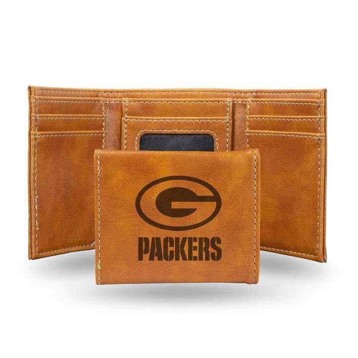 Green Bay Packers - Faux Leather Laser Engraved Brown Trifold Wallet