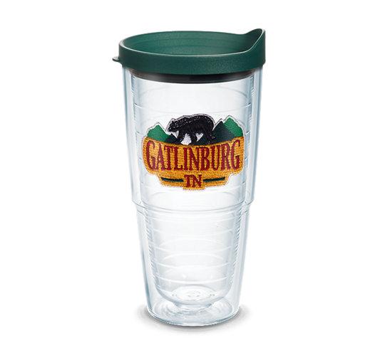 Gatlinburg Bear - Insulated Clear Tumbler with Emblem and Hunter Green Lid