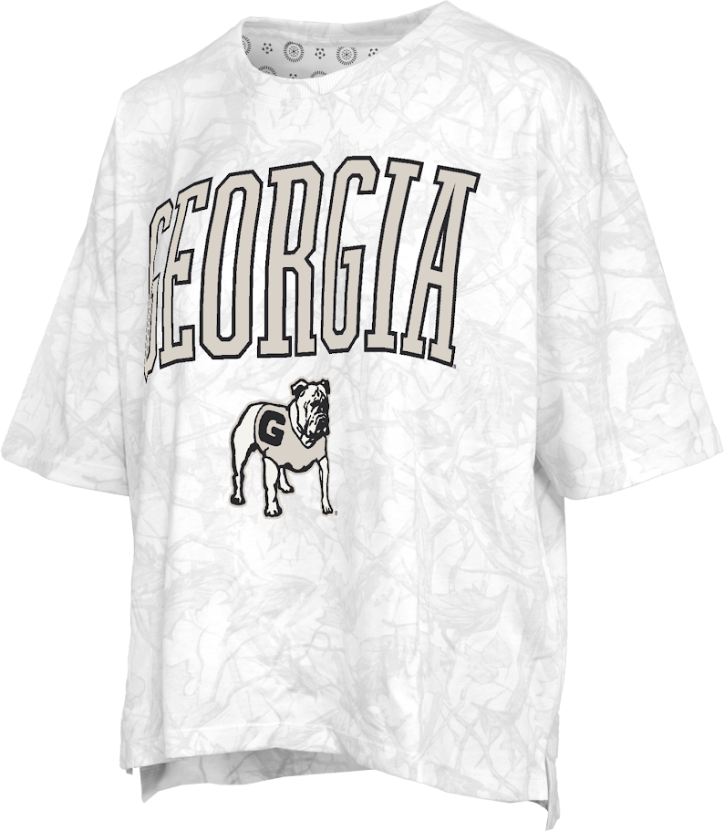 Georgia Bulldogs  "Southlawn Logo Sheet" - Short-Sleeve Crew-Neck White Camo Waist-Length Top