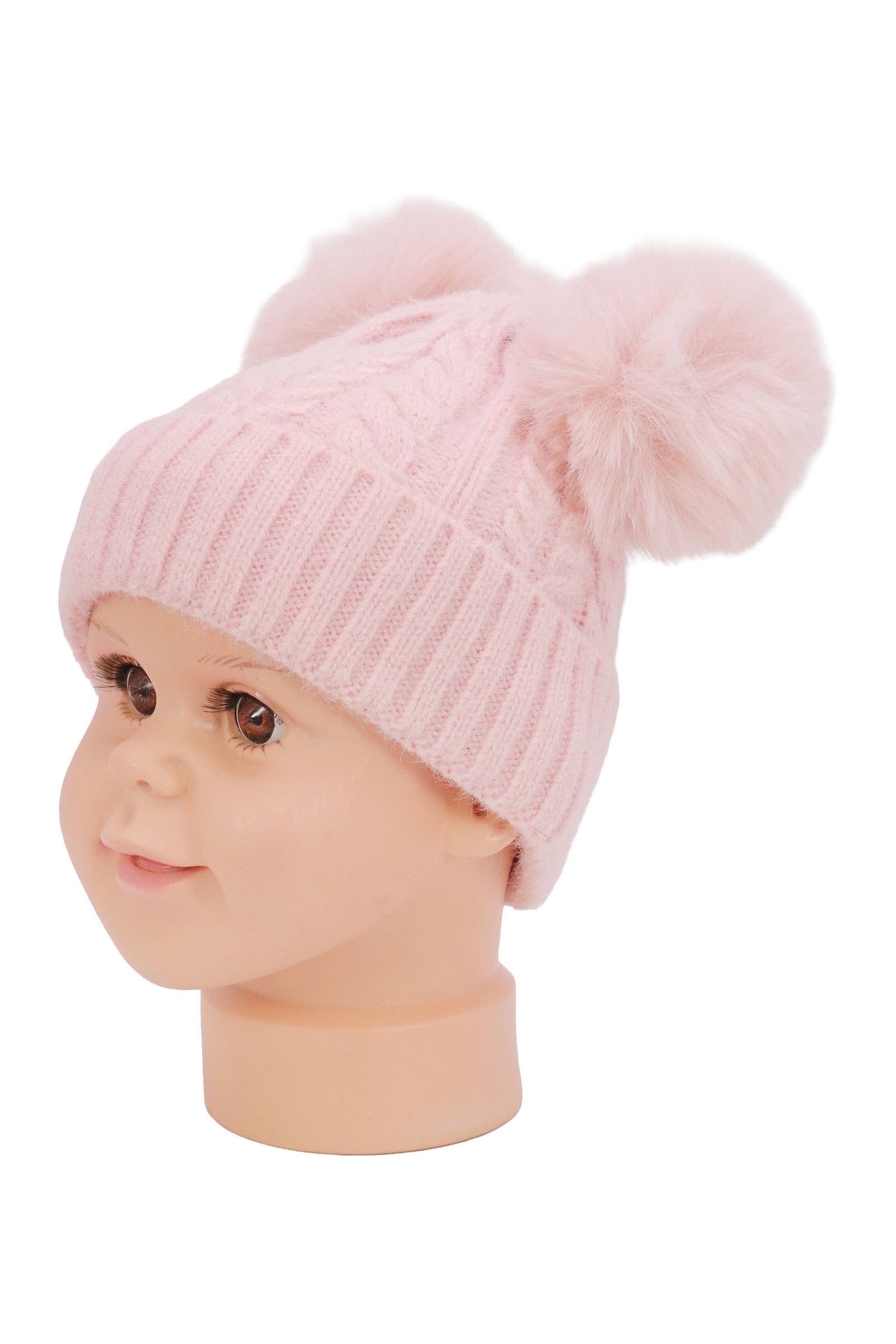 Toddlers Cable Knitted Double Pom Pom Beanie