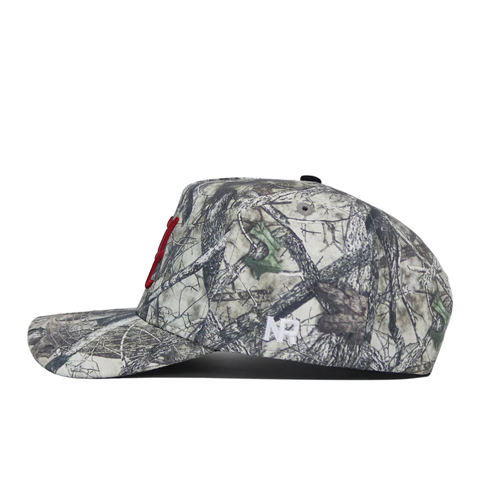 Camouflage baseball cap with a red button on a white background