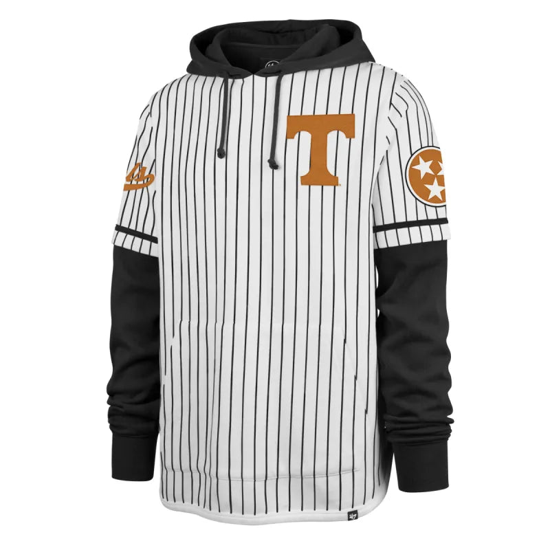 Baseball-style hoodie with pinstripes and logos on a white background