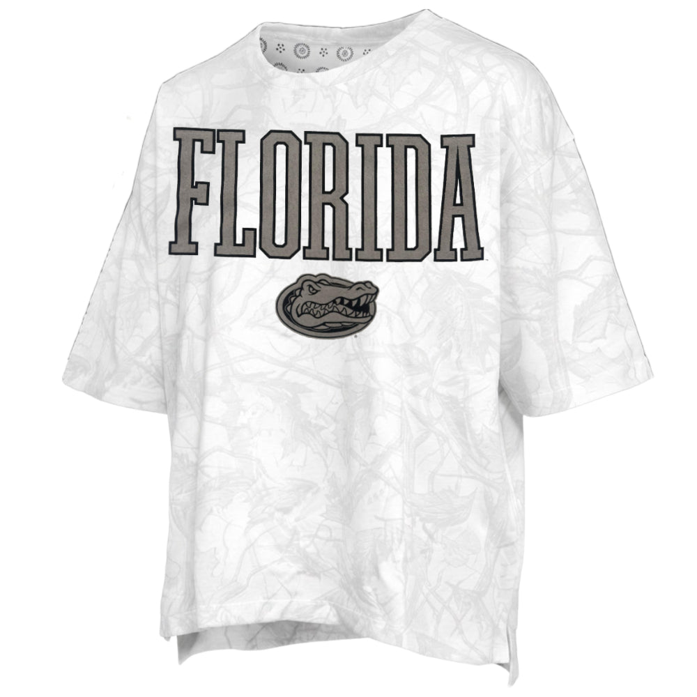 Florida Gators "Southlawn Logo Sheet" - Short-Sleeve Crew-Neck White Camo Waist-Length Top