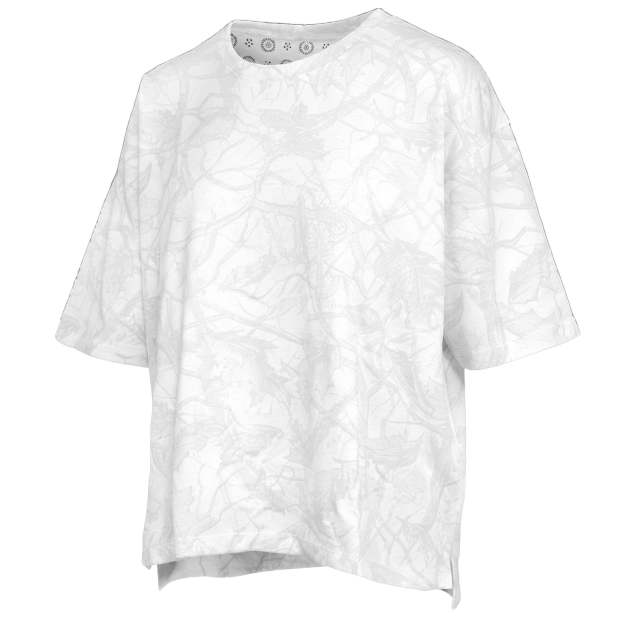"Southlawn Logo Sheet" - Short-Sleeve Crew-Neck White Camo Waist-Length Top