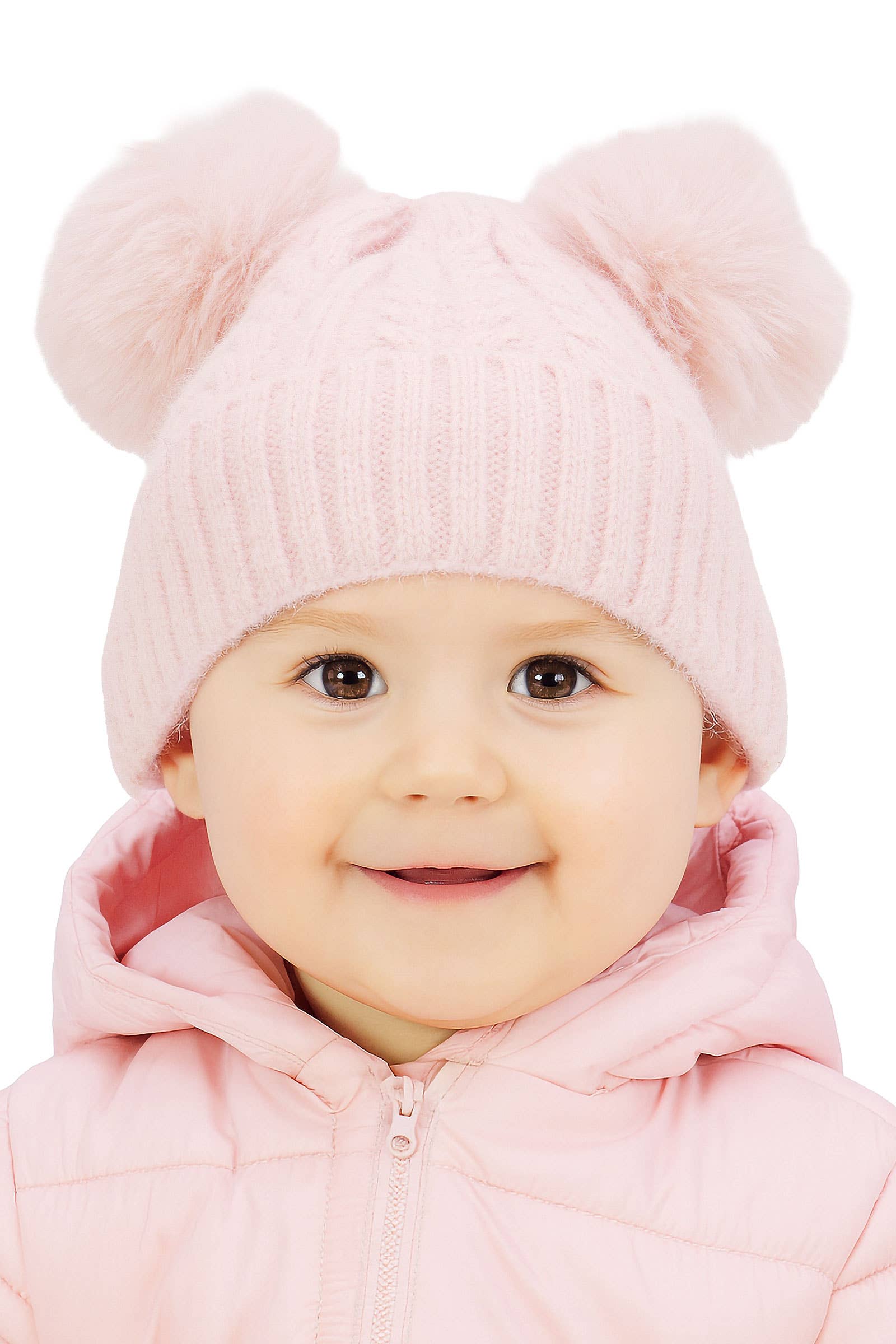 Toddlers Cable Knitted Double Pom Pom Beanie