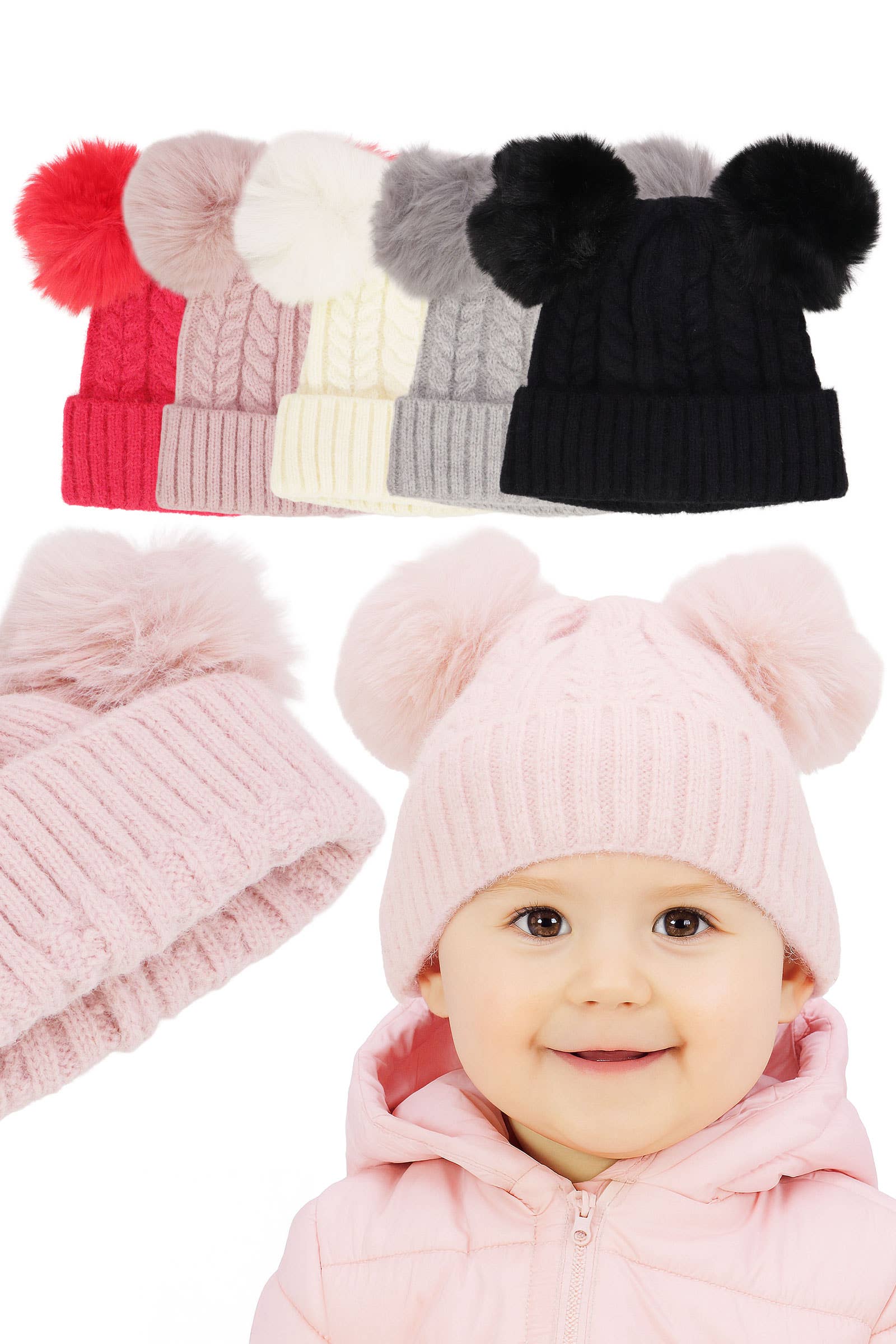 Toddlers Cable Knitted Double Pom Pom Beanie
