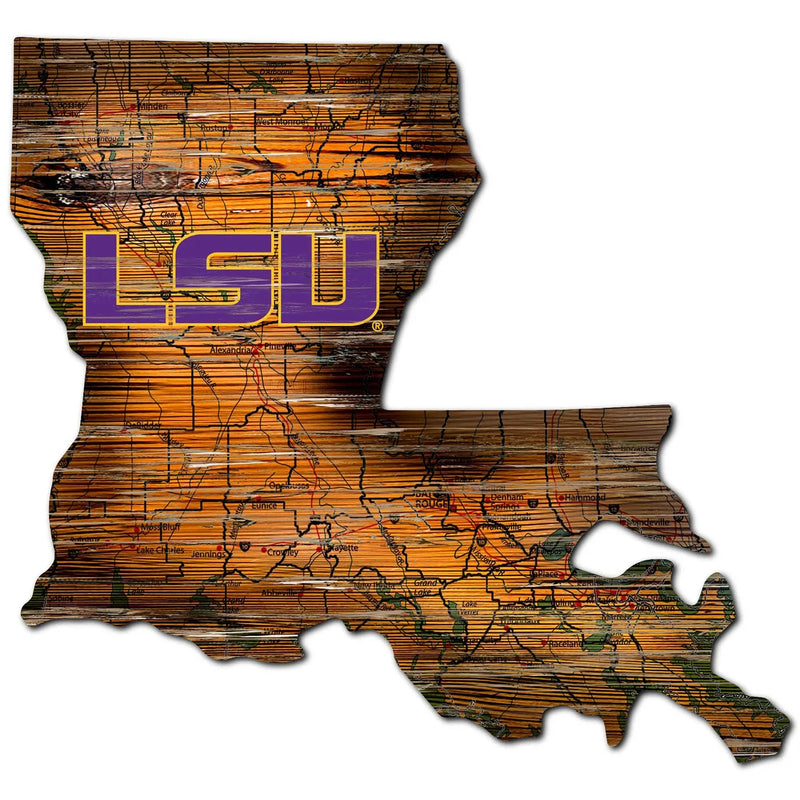 LSU Tigers - Distressed State With Logo Cutout Sign