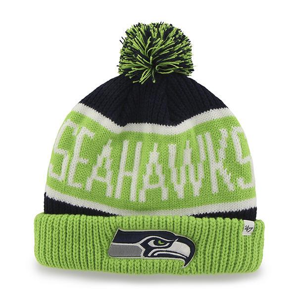 Seattle Seahawks Navy Calgary Cuffed Pom Knit Beanie Hat