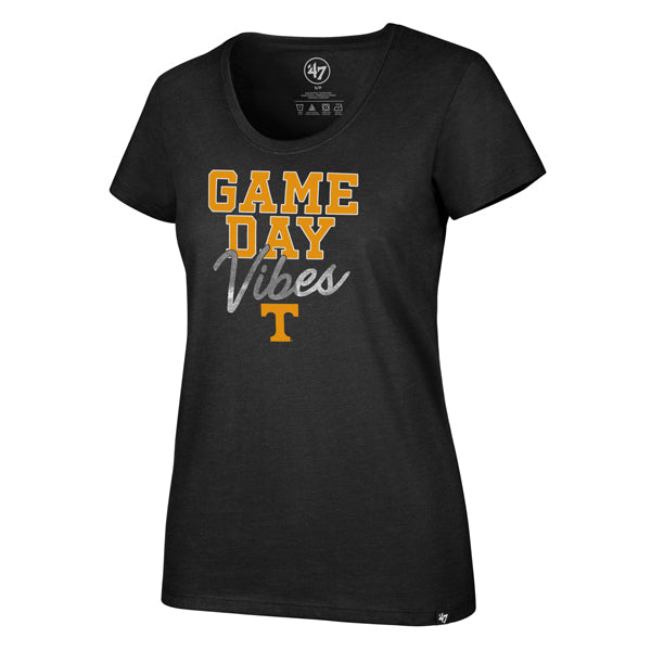 Tennessee Volunteers Jet Black Foil Vibes Club Scoop Tee Womens