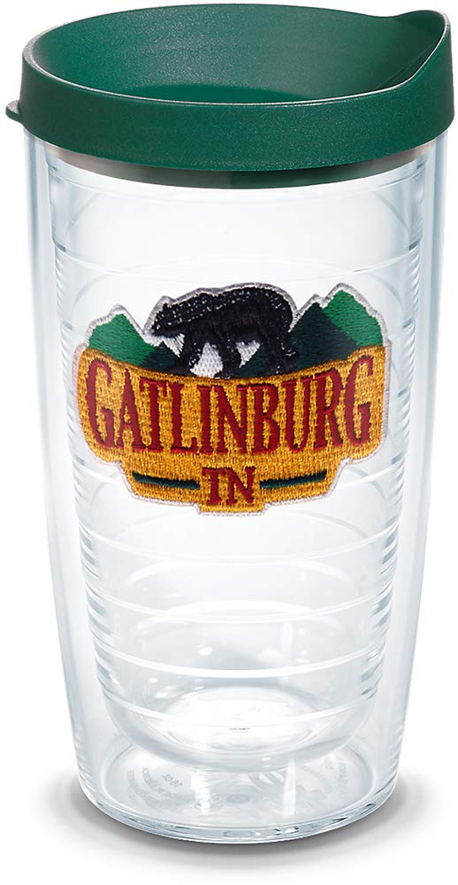 Gatlinburg Bear Insulated Tumbler with Emblem and Hunter Green Lid, 16oz., Clear