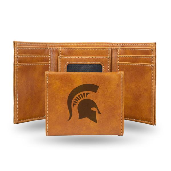 Michigan State Spartans - Brown Laser Engraved Trifold Wallet