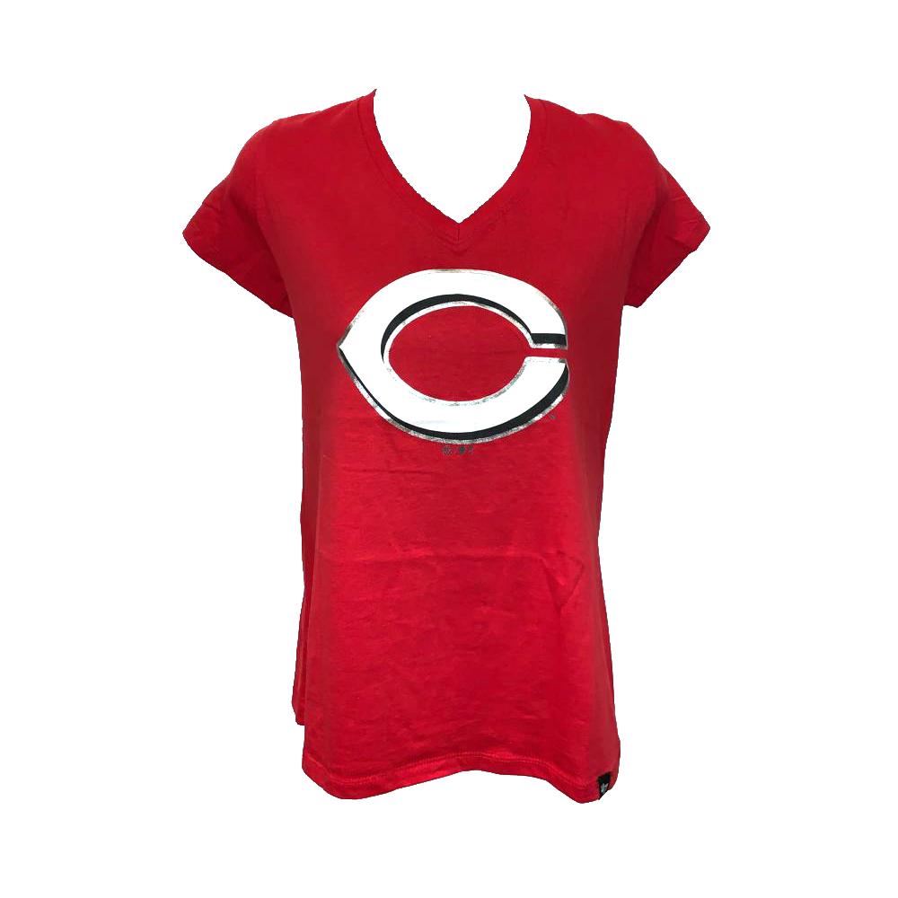 Cincinnati Reds Women's Cut Logo Shimmer Glitter Logo T-shirt