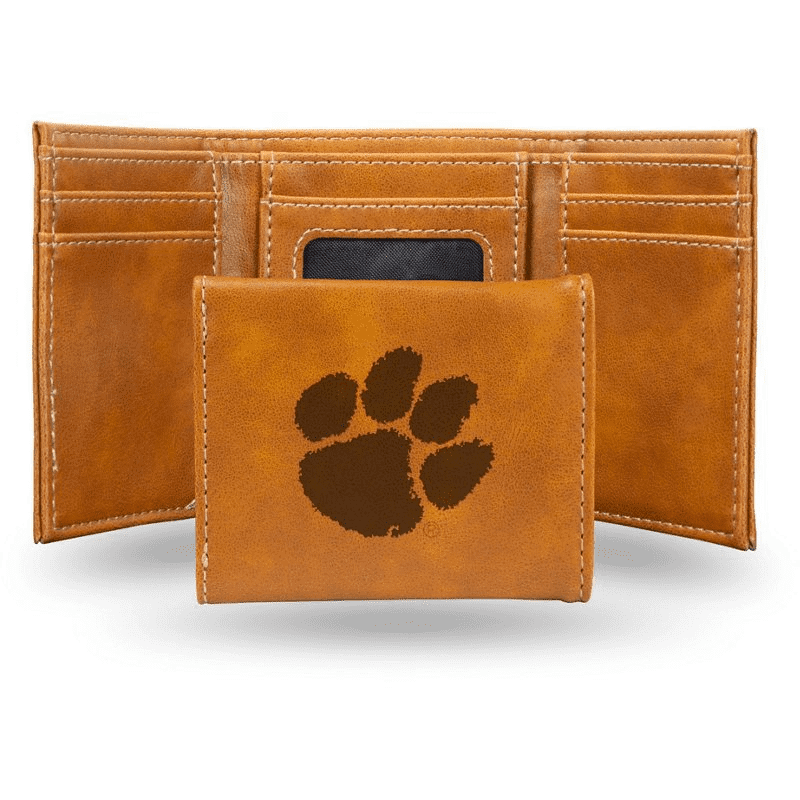Clemson Tigers Laser Engraved Tri-Fold Wallet - Brown