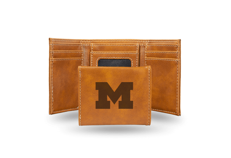 Michigan Wolverines Laser Engraved Tri-Fold Wallet - Brown