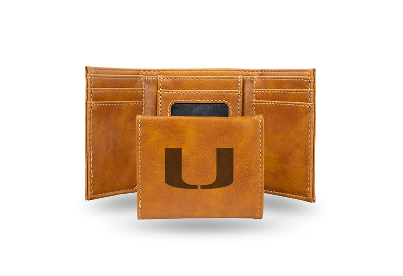 Miami Hurricanes Laser Engraved Tri-Fold Wallet - Brown